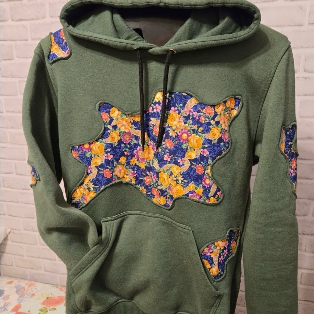 Green Hoodie with Floral Patchwork